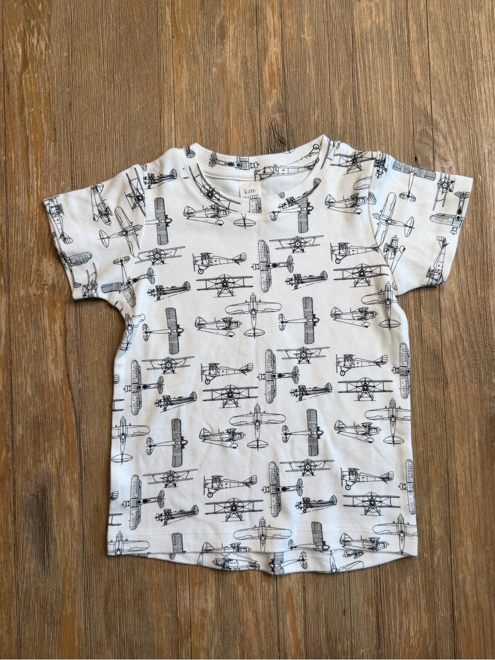 kate quinn NWOT White Tee with Black Airplane Print 4t